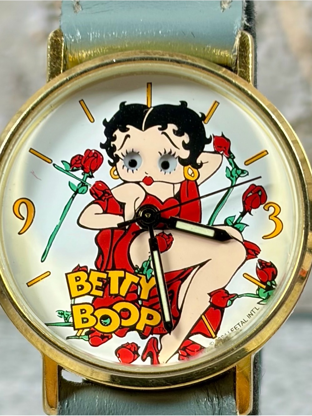 Betty Boop Watch Roses Red Dress Gold Tone Extra Strap New Battery